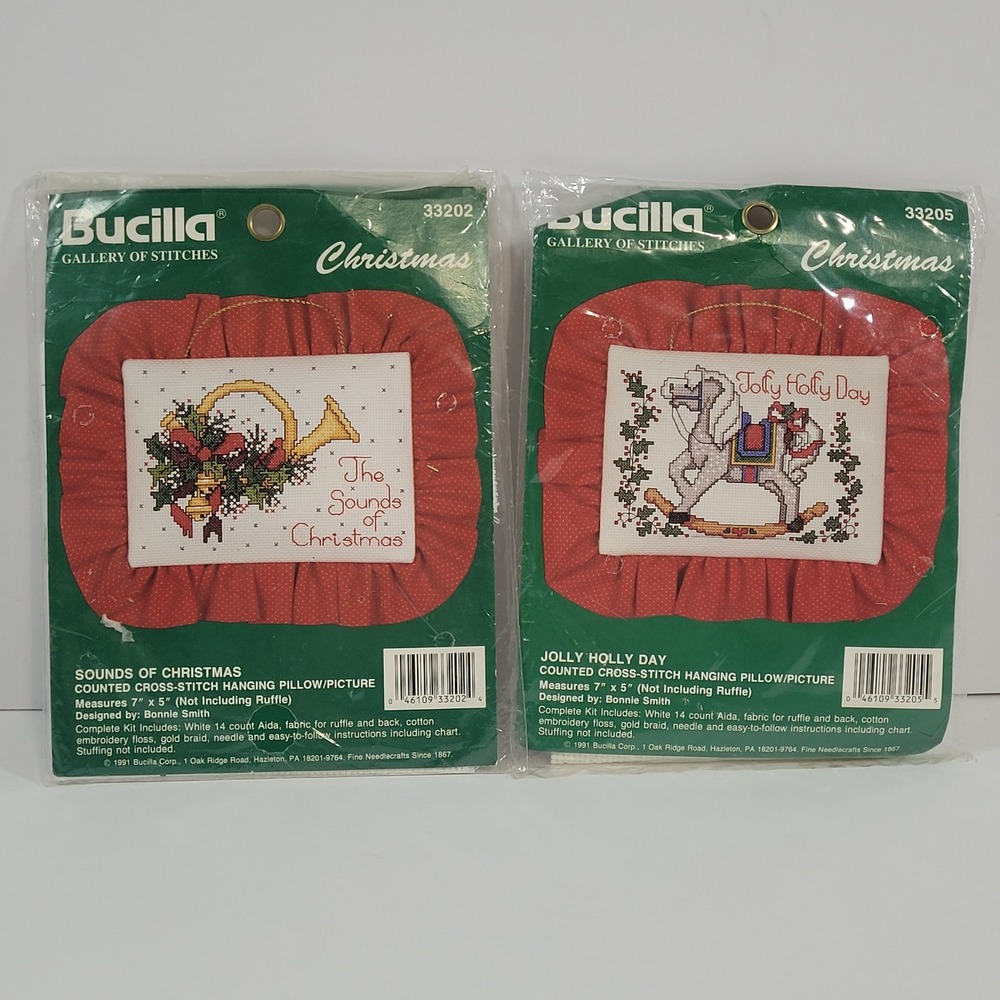 Lot of 2‎ Vintage Bucilla Christmas Cross Stitch Kits Hanging Pillow Picture New